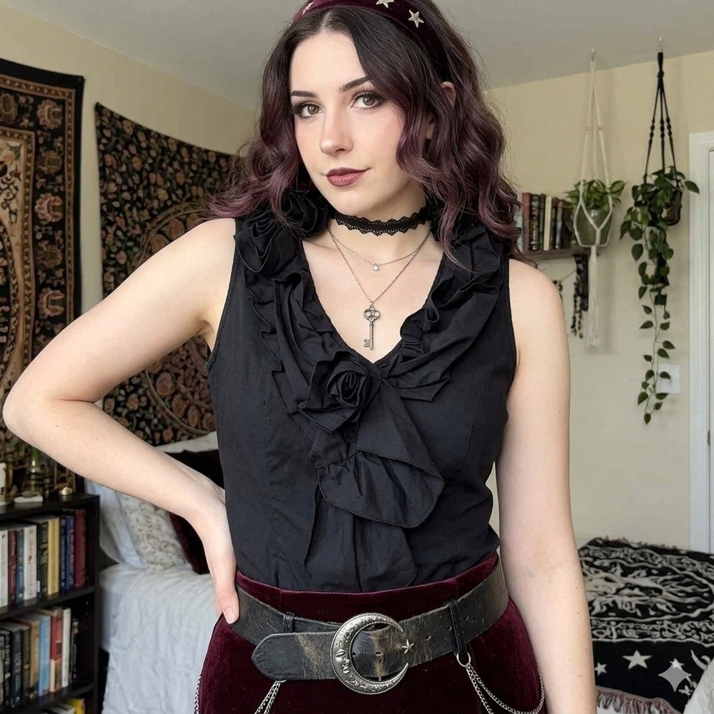 Katherine Barclay Ruffle Rosette Blouse Womens 8 Black Whimsigoth Dark Romantic
